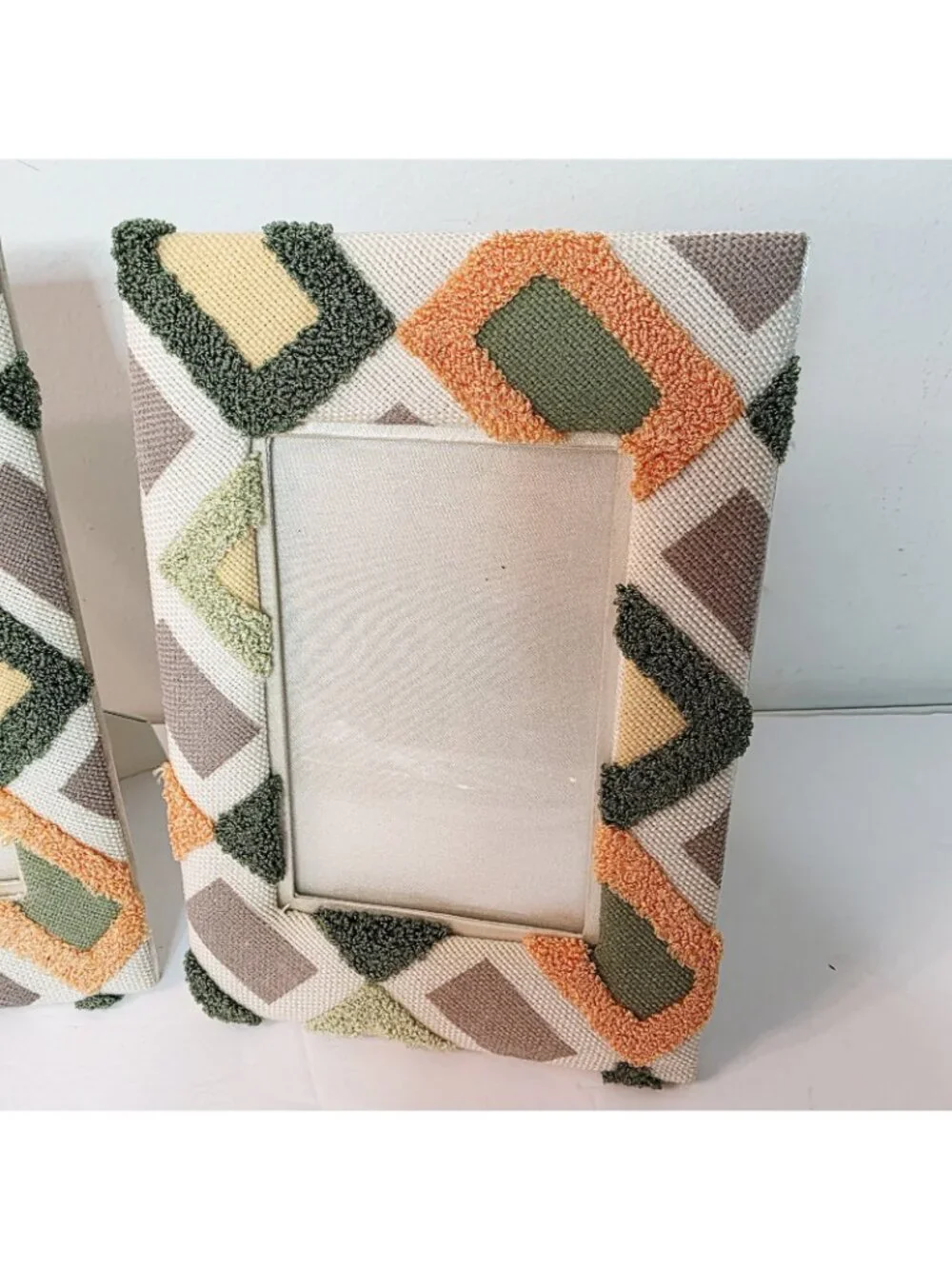 2 Fabric Textured Geometric Design Freestanding Photo Picture Fame Green Brown
